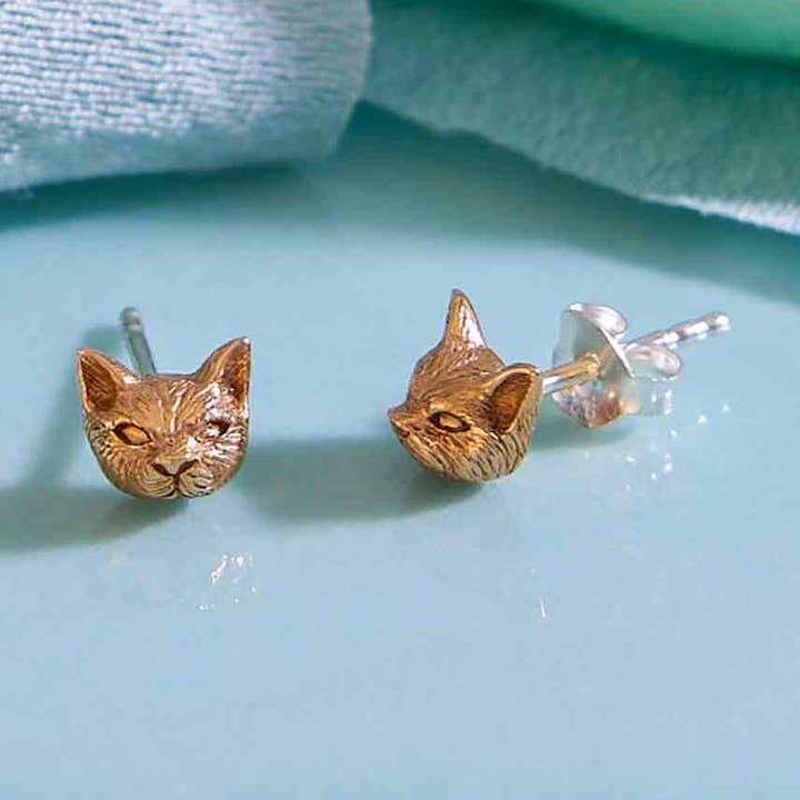 Orecchini a perno in argento Sterling o bronzo 3D a forma di testa di gatto, 6 x 7 mm per la vendita all'ingrosso da parte di Nina Designs