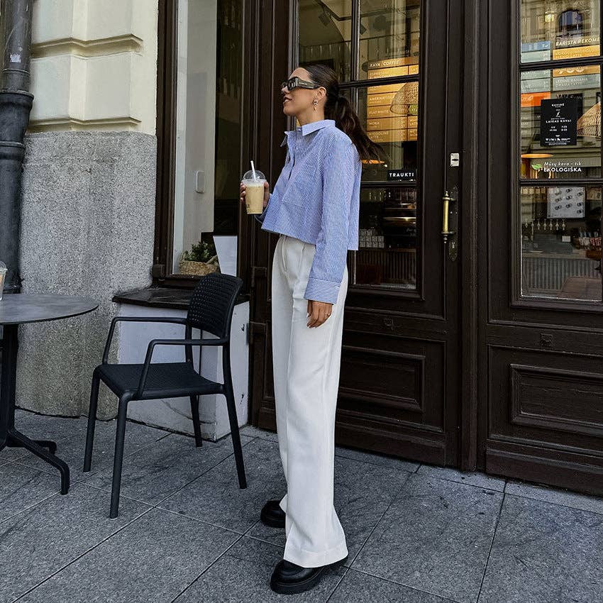 Bleu Chemise courte rayée à manches longues pour femmes SKT270 en vente sur Faire22