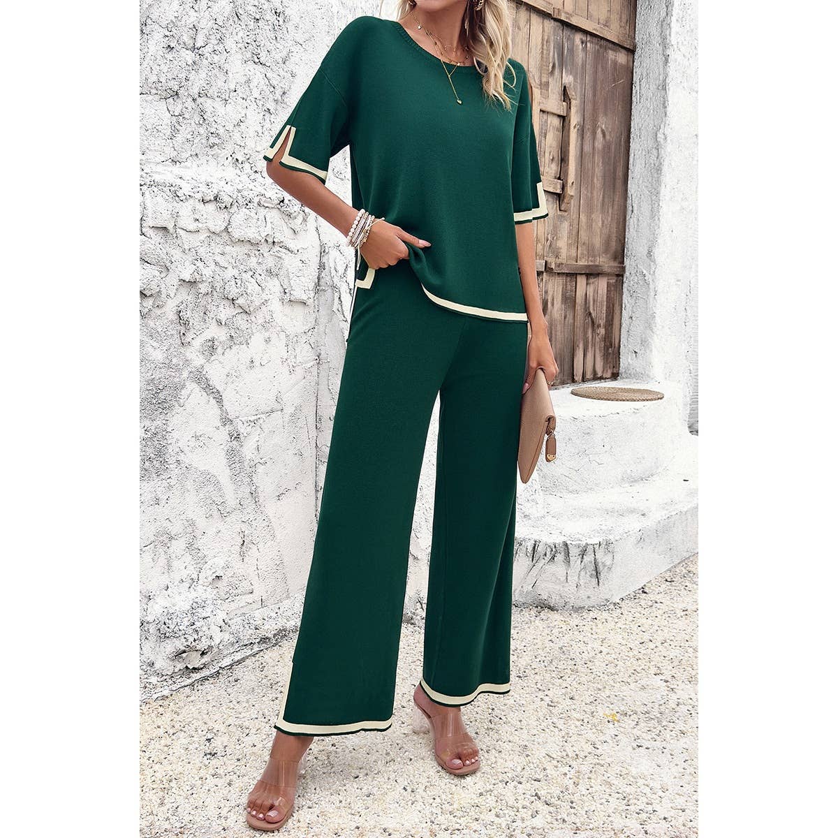 Supreme Fashion - Wholesale Top & Pant Set (NOT Loungewear) - Women's - Two Pieces Outfits Knit Short Sleeve Wide Leg Lounge Sets23
