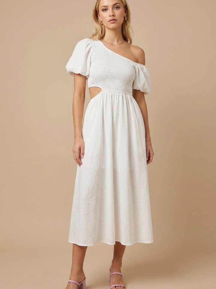 ED5238 One-Shoulder Smocked Cutout Midi Dress for wholesale by Heyson