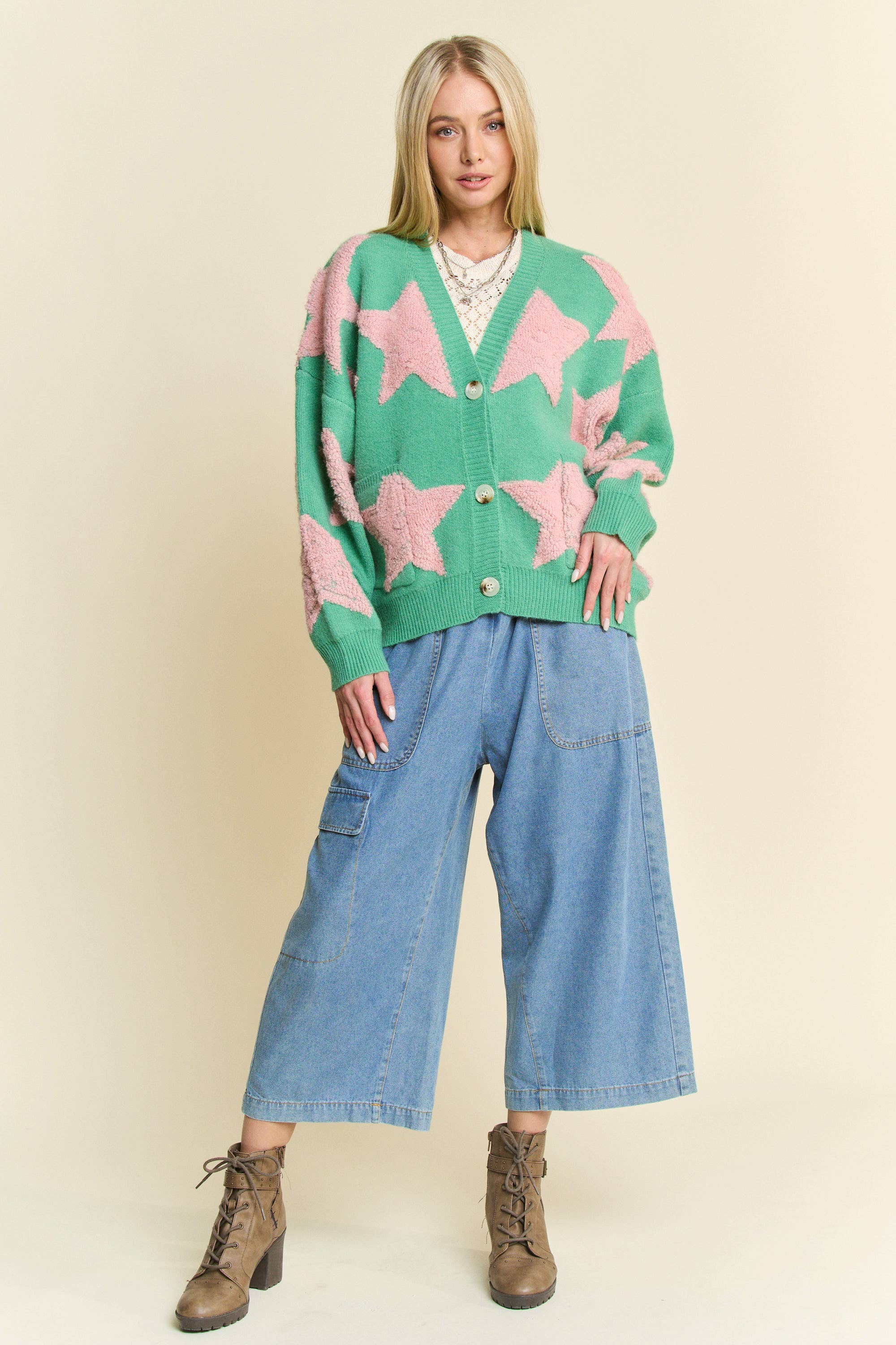 Davi & Dani - Wholesale Cardigan - Women's - FUZZY KNIT STAR LOOSE FIT BUTTON DOWN CARDIGAN7