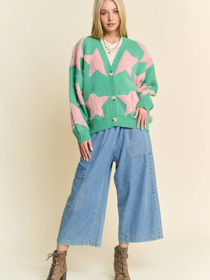 Davi & Dani - Wholesale Cardigan - Women's - FUZZY KNIT STAR LOOSE FIT BUTTON DOWN CARDIGAN7