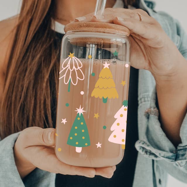 Boho Christmas Trees | UVDTF | 20 oz Libbey Can Glass with Bamboo Lid & Straw for wholesale by SKS Design Studio