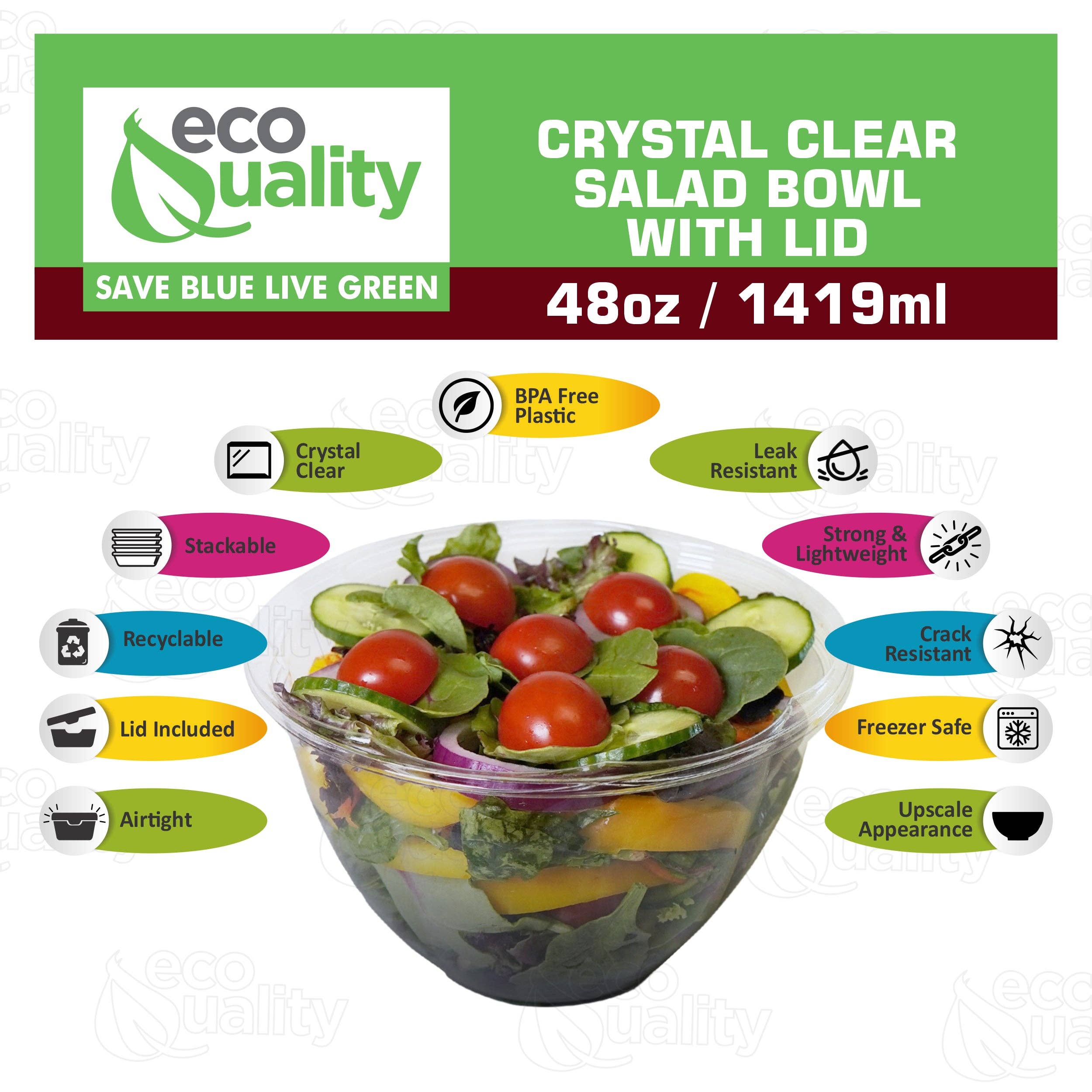 EcoQuality - Wholesale Food Storage Container - 48Oz Crystal Clear Plastic Disposable Salad Bowls with Lids4