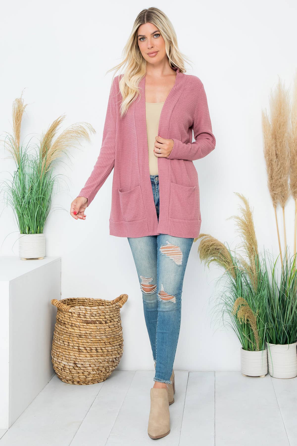You & Me – Großhandel Strickjacke – Damen – GEBÜRSTETER WAFFEL LANGARM SEITENTASCHEN OFFENE FRONT STRICKJACKE