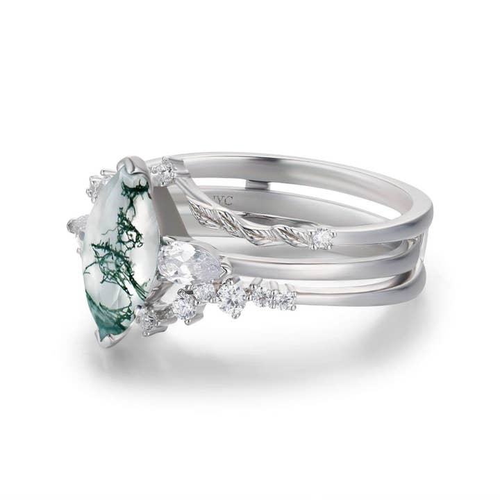 Azura Jewelry – Großhandel Verlobungsringe – Sonoran Sunrise Moss Achat Ringset aus massivem Weißgold2