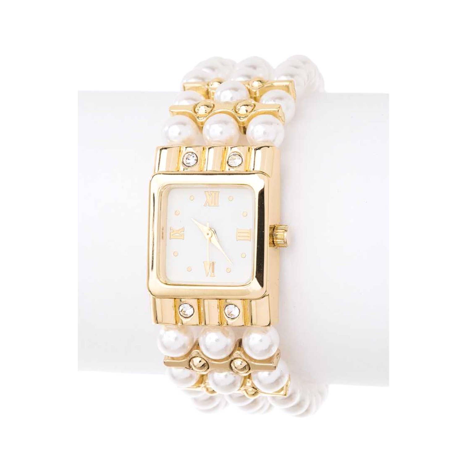 Guld/Pärla Guldfärgad sträckklocka med pärldetaljer i presentförpackning för wholesale på Faire1