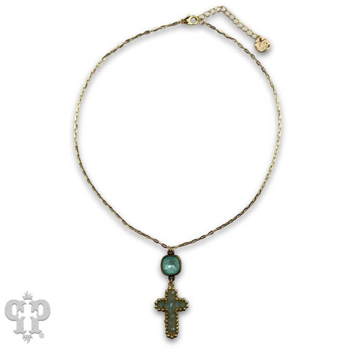 Wire wrapped bead cross necklace with Austrian crystal for wholesale by Pink Panache Brands