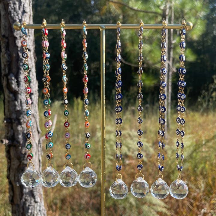 Guzel Handcrafts - Wholesale Suncatcher - Evil Eye Nazar Boncuk Chain Rearview Mirror Hanging Rainbow Suncatcher Car Charm Mal de Ojo Gift Box -- Quick Ship! -- Gold or Silver Chain