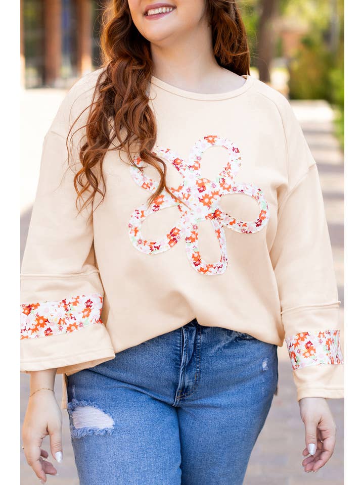Beige Plus Size Flower Patched Side Slits Crewneck Top (S-4X) for wholesale on Faire1