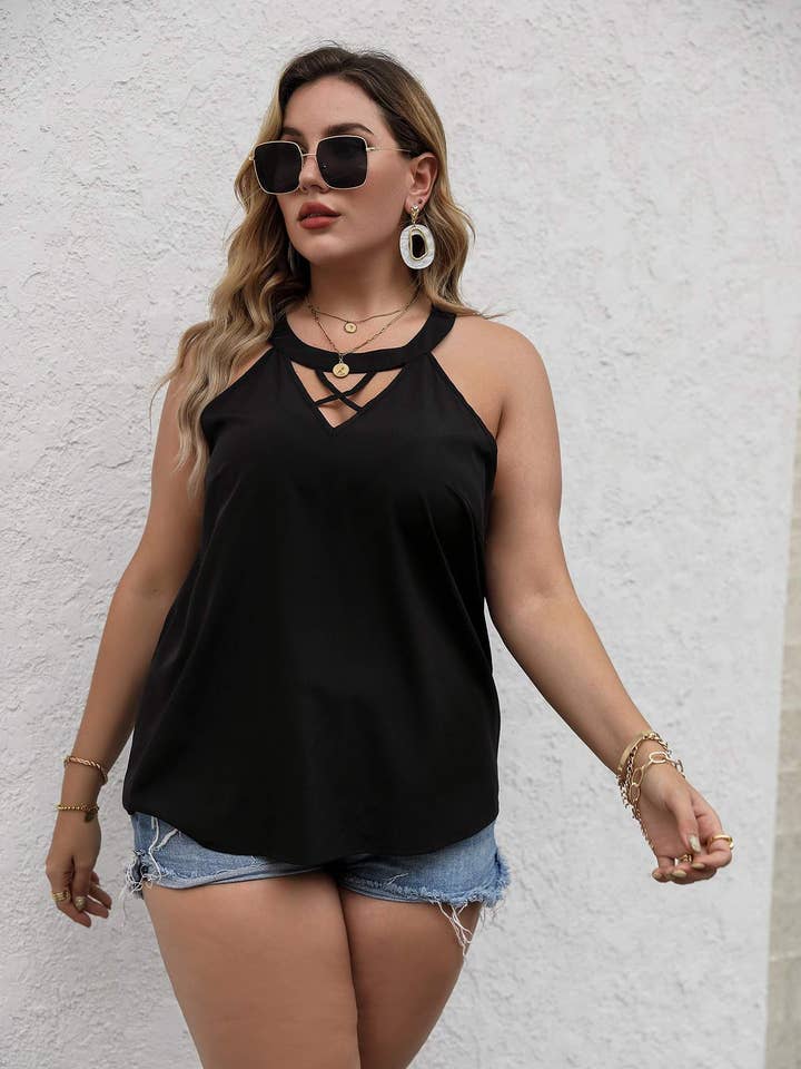 Flarix - Wholesale Knit Top - Women's - plus solid criss cross halter top