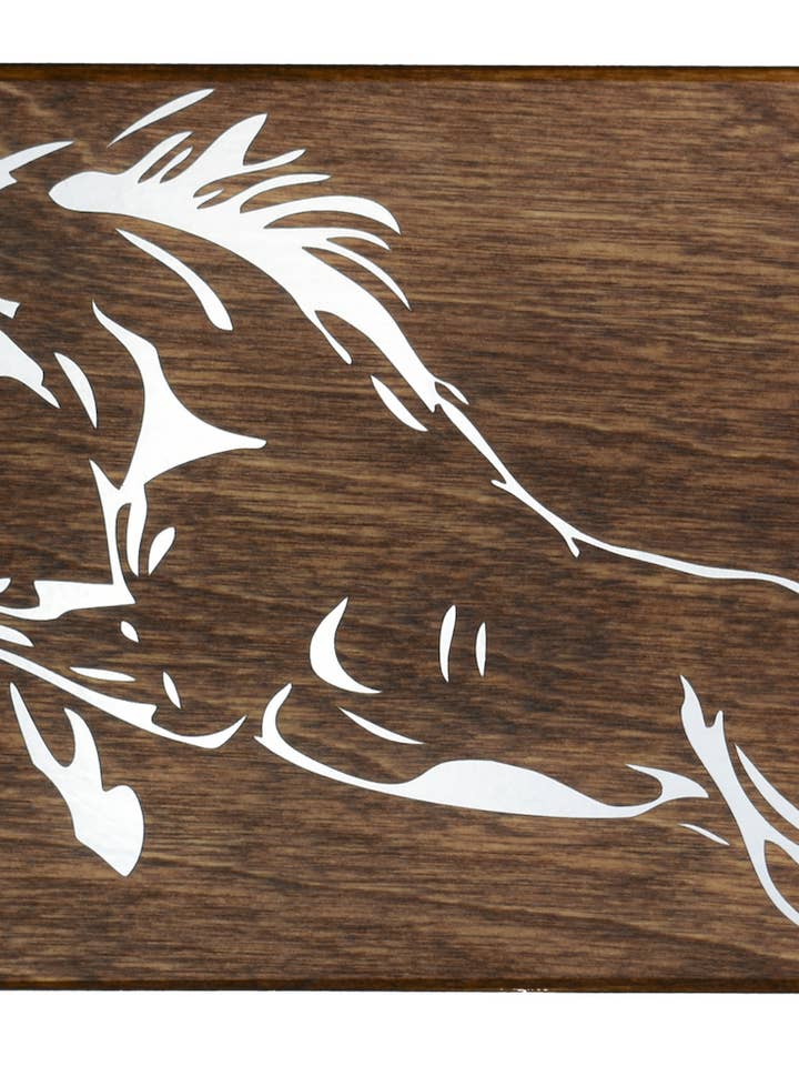 Running Horse Wall Plaque W/ Silver Foil Accent for wholesale by Woodcutts Inc.