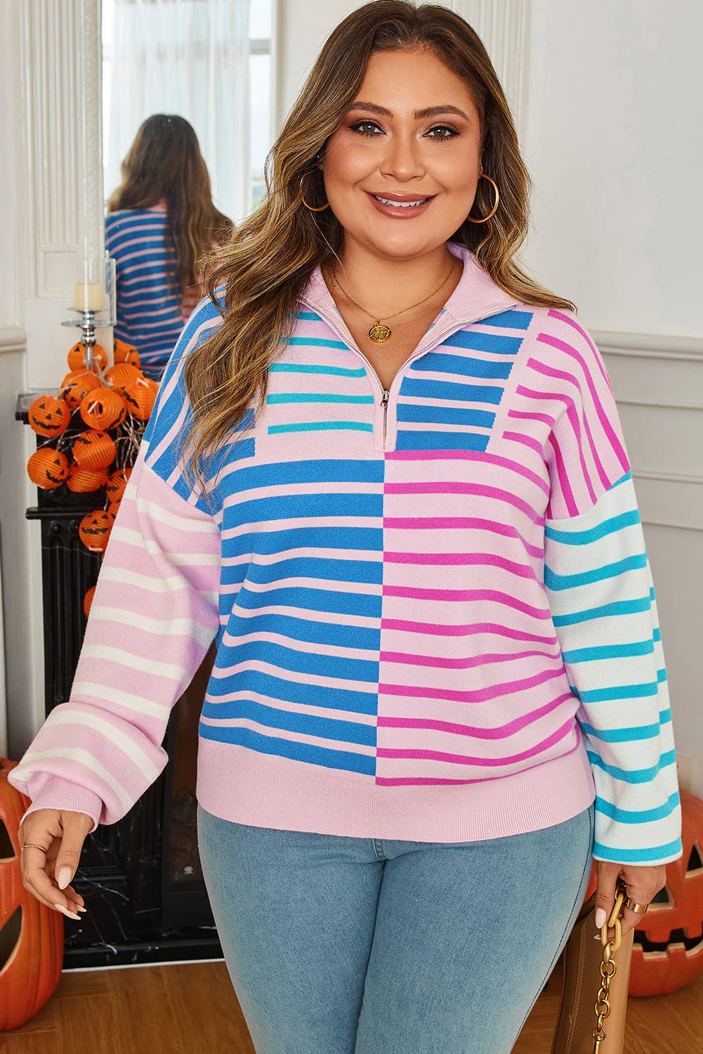 Hemelsblauwe streep Plus Size Gestreepte Colorblock Half Zip Trui voor groothandel op Faire3