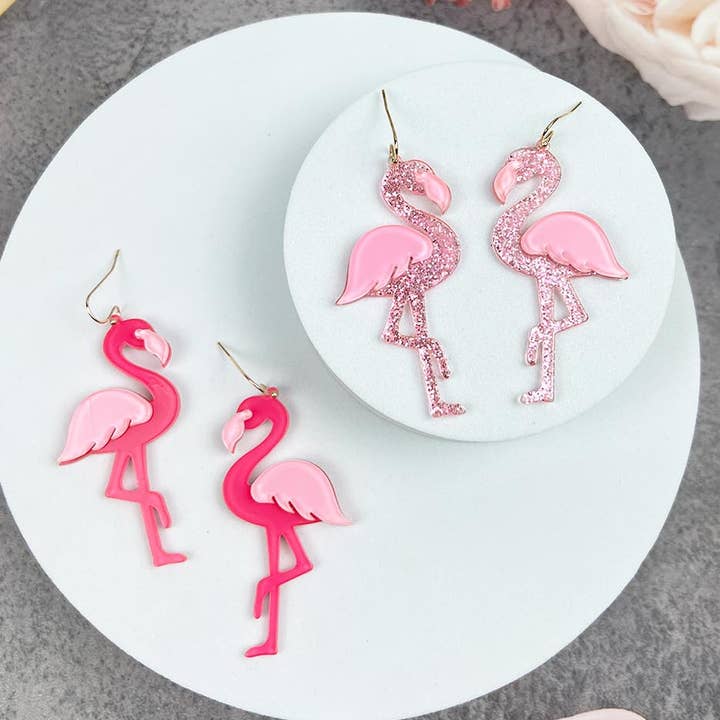 JHP Collection - Wholesale Dangle Earrings - UNIQUE LIGHT PINK GLITTER FLAMINGO ACRYLIC EARRINGS
