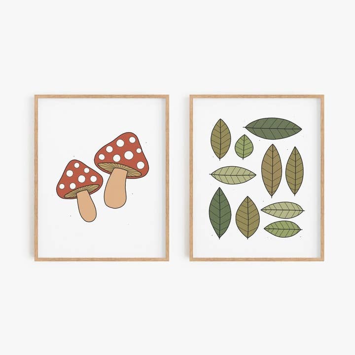 Ensemble de deux illustrations de champignons et de feuilles/Impression giclée pour la vente par Bleu Marie Artwork
