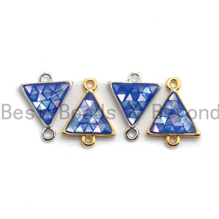 100% natuurlijke blauwe kleur Shell Triangle Connector met goud/zilveren afwerking, blauwe schelp connector, Sea Shell kralen, 11x14mm, SKU #Z268 voor wholesale door BestBeads&Beyond