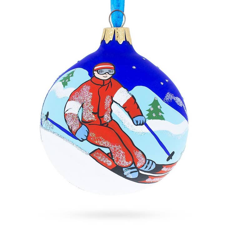 BestPysanky - Wholesale Ornament - Winter Wonderland Skiing Blue - Blown Glass Ball Ornament