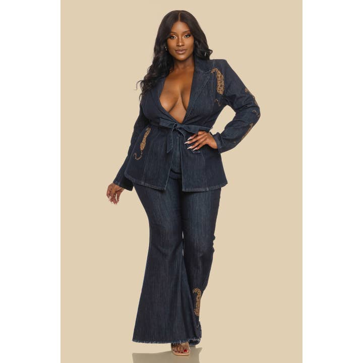 PLUS LEOPARD HOT FIX DENIM JACKET SET TIE WAIST for wholesale by The Sang