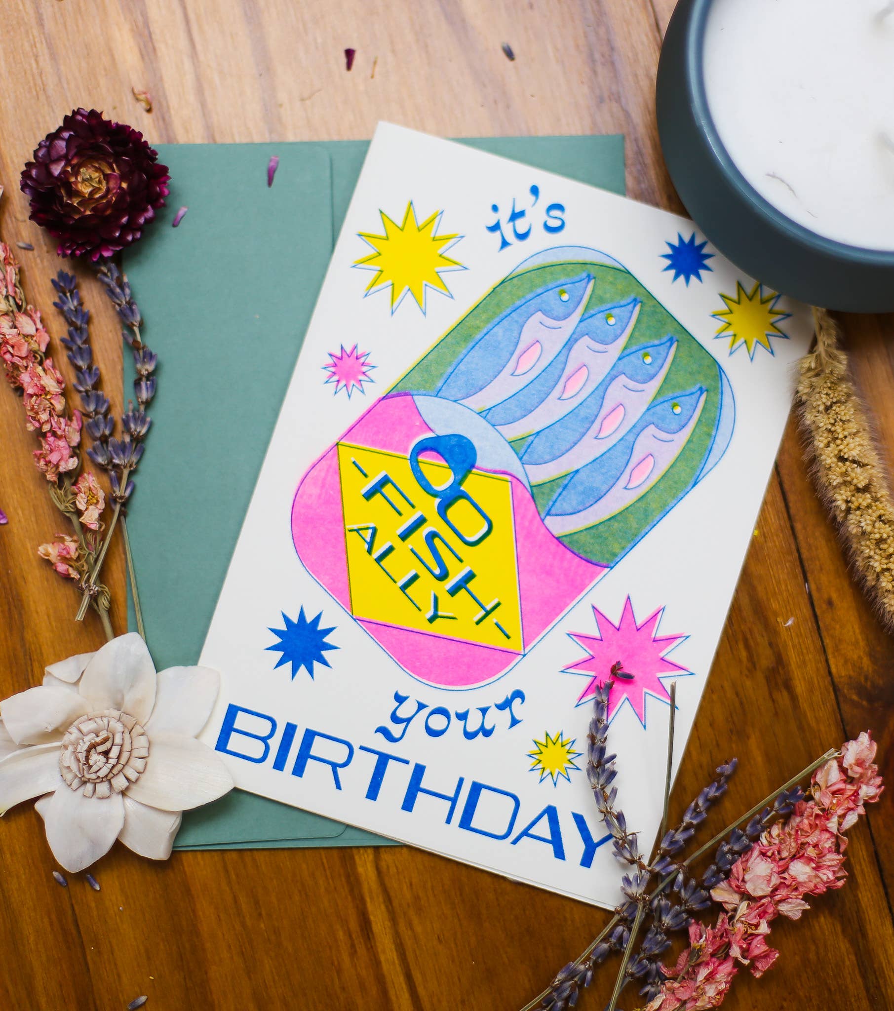By Danielle Witten - Wholesale Birthday Card - O-Fish-Ally Tinned Fish Birthday Risograph Greeting Card1