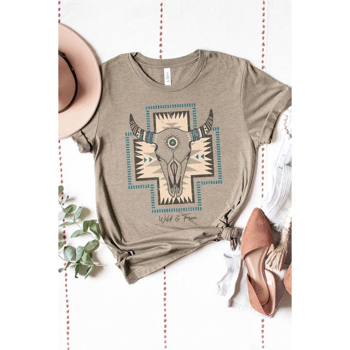 AZTEC WILD FREE BULL SKULL WASHED GRAPHIC TEE for wholesale by HRTandLUV