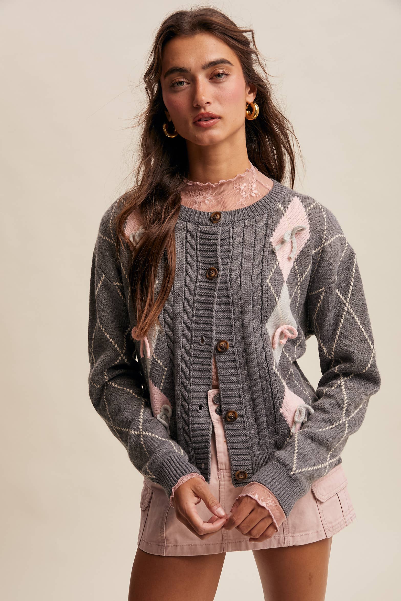 Listicle - Venta al por mayor Cárdigan - Mujer - Cárdigan de Punto con Detalle de Lazo Argyle LSW097318