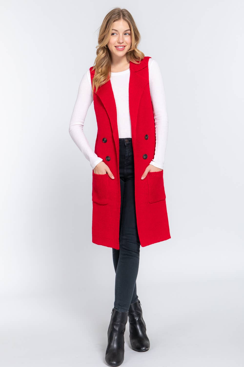 Active Basic | Active USA - Wholesale Outerwear Vest - Women's - Sleeveless Notched Collar Long Sweater Vest48