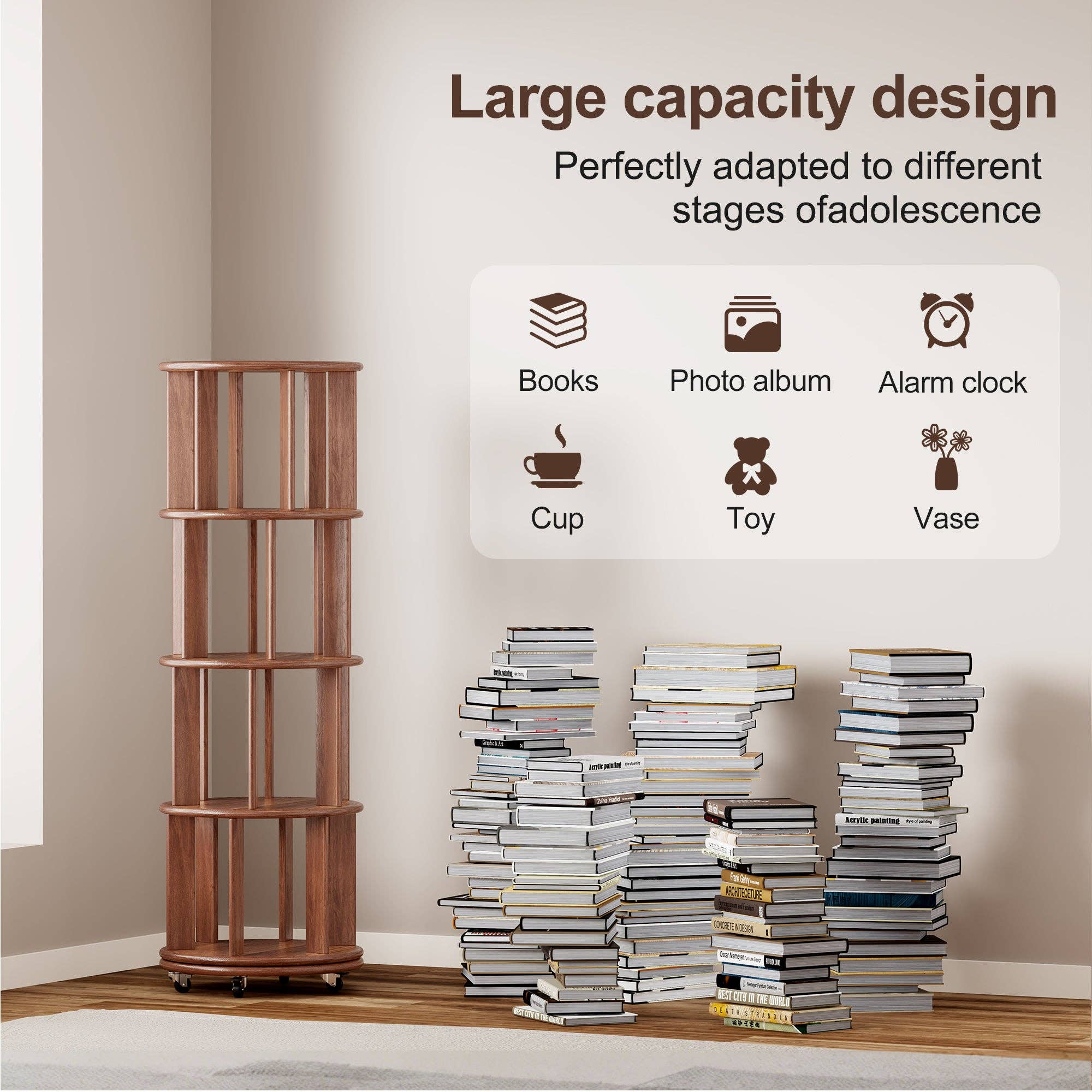39F Inc. - Wholesale Bookcase - Walnut 4-Tier 100% Solid Wood Rotating Bookshelf with Wheel10