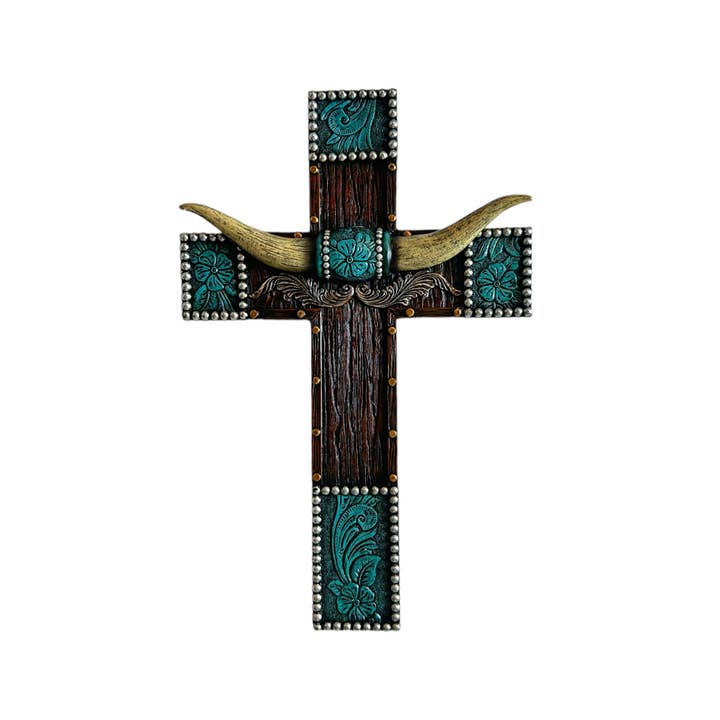 De Leon Collections - Wholesale Wall Cross - Cross Horns & Tooled Leather 7.75"X1"X12", 1/12/case
