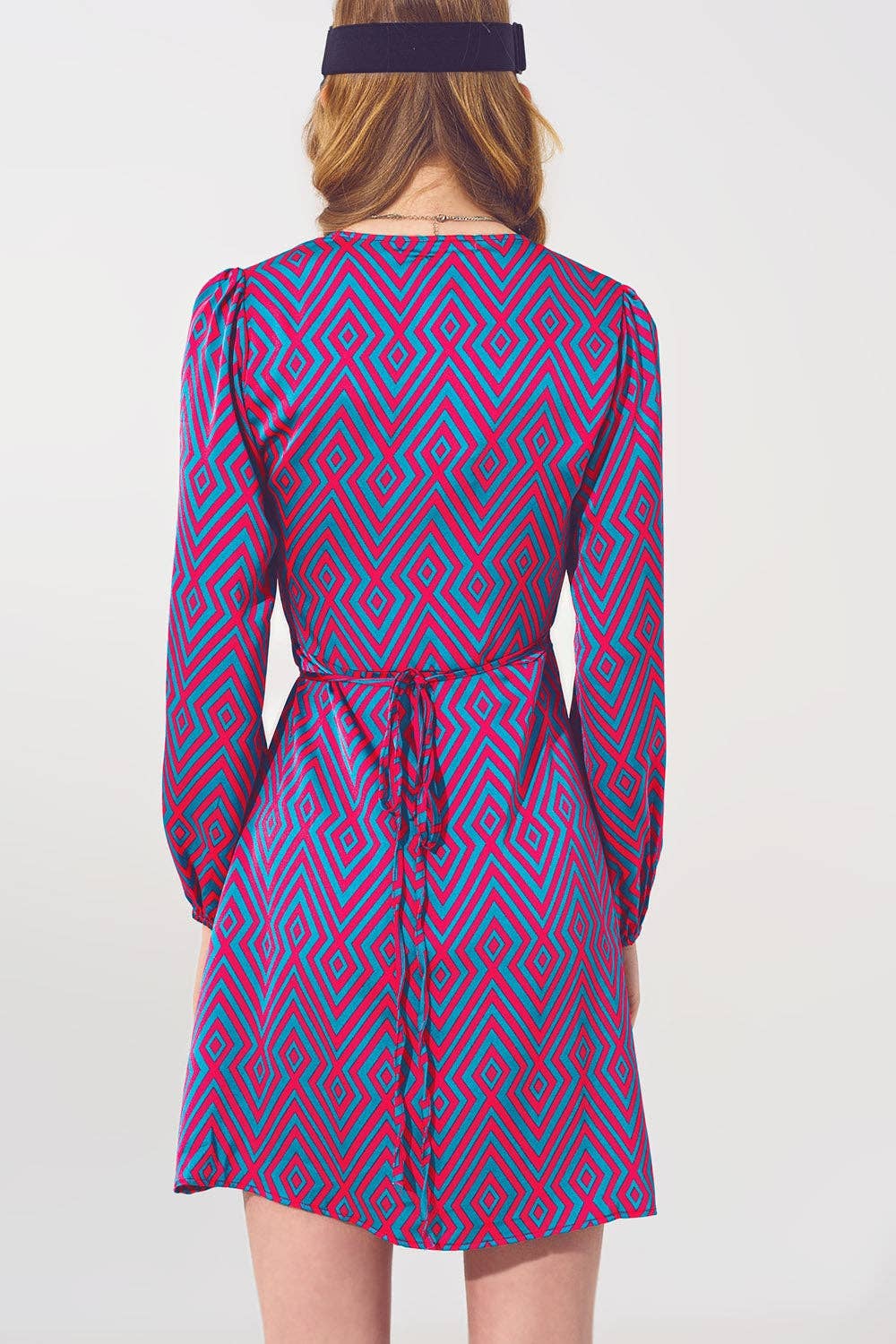 Fuchsia Mini V Neck Wrap Dress with Geometric Print for wholesale on Faire2