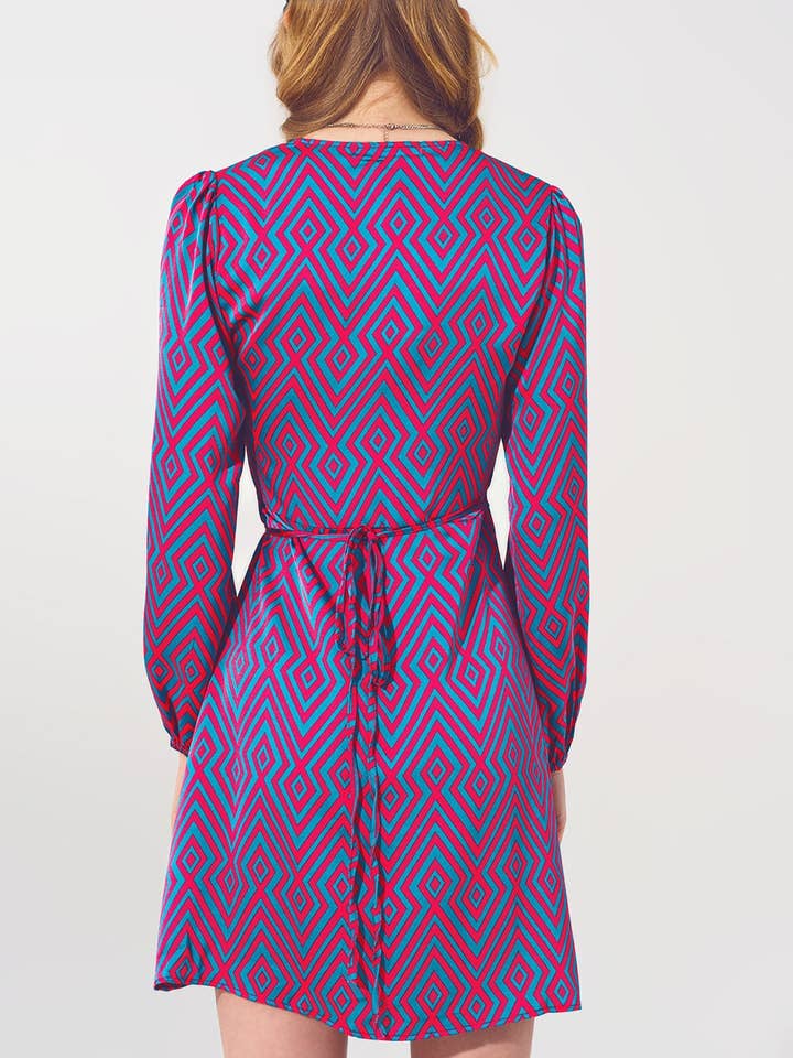 Fuchsia Mini V Neck Wrap Dress with Geometric Print for wholesale on Faire2