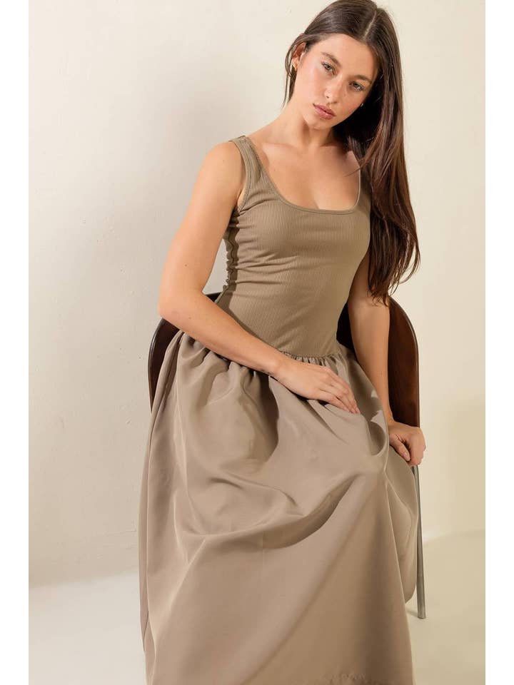 A solid knit/woven combination midi dress - FD1147 TAUPE for wholesale on Faire