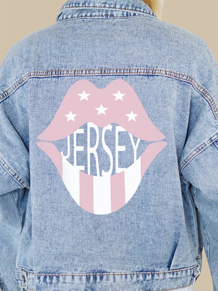 Denimjacka med rosa läpptryck i New Jersey för wholesale av Rivalry Runway