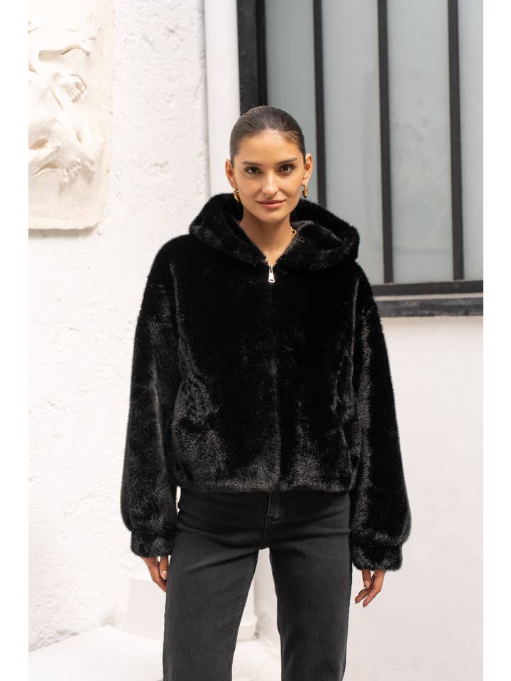 Attentif Paris - Wholesale Fur/Faux Fur Coat - Women's - Short coat with hood in faux fur with braided details8