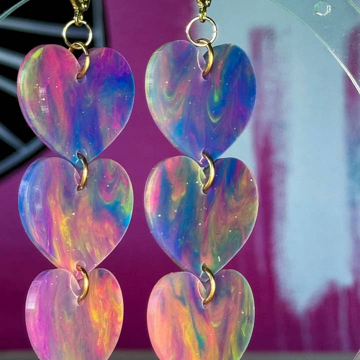 Triple Hearts Neon Marble Acrylic Earrings for wholesale by Feather & Fox Print Co.