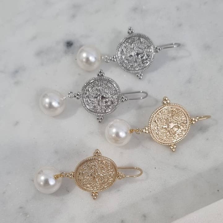 PearlGem Designs - Wholesale Dangle earrings - Goddess Greek Coin Shell Pearl Earrings7