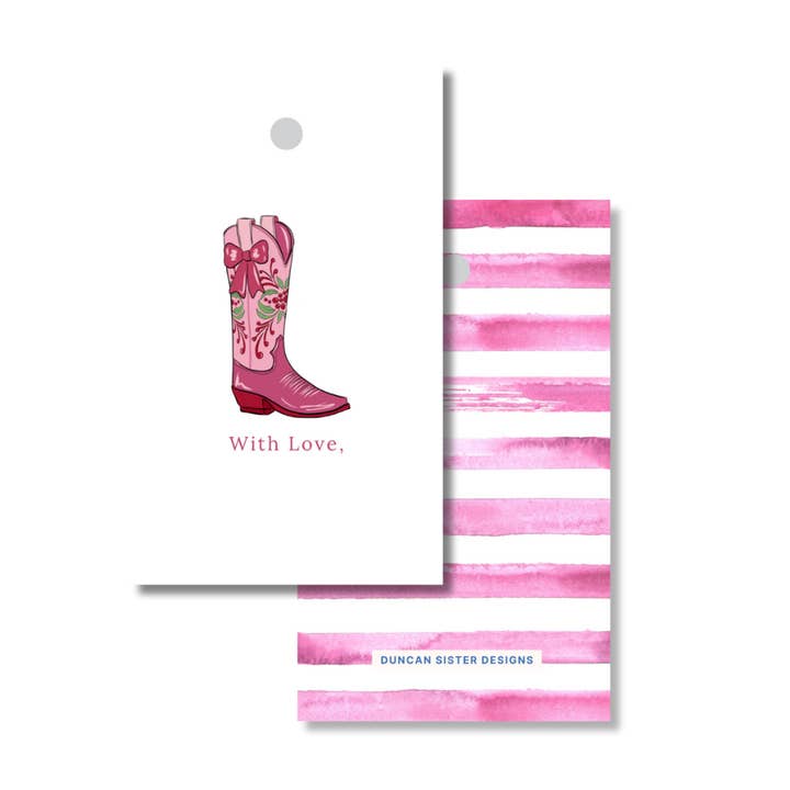 Retro Pink Cowgirl Boot Gift Tags – Set of 8, USA Made for wholesale by Duncan Sister Designs
