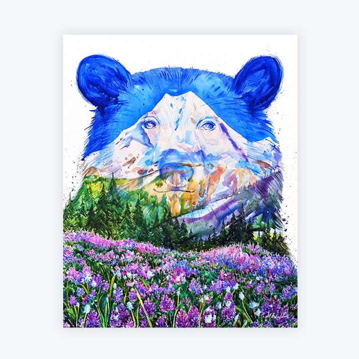 Flower Girl - Portrait d'ours Aquarelle Impression artistique sur la montagne pour la vente par Elena Markelova Arts