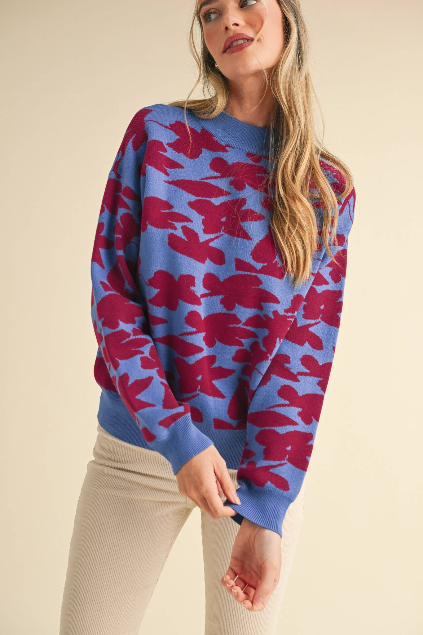 &MERCI - Wholesale Knit Sweater - Women's - MOCK NECK FLORAL KNIT SWEATER MSW105584