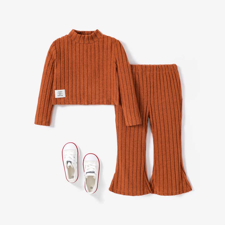 Orange 2pcs Toddler Girl's Stand Collar Tshirt and Flares Set for wholesale on Faire