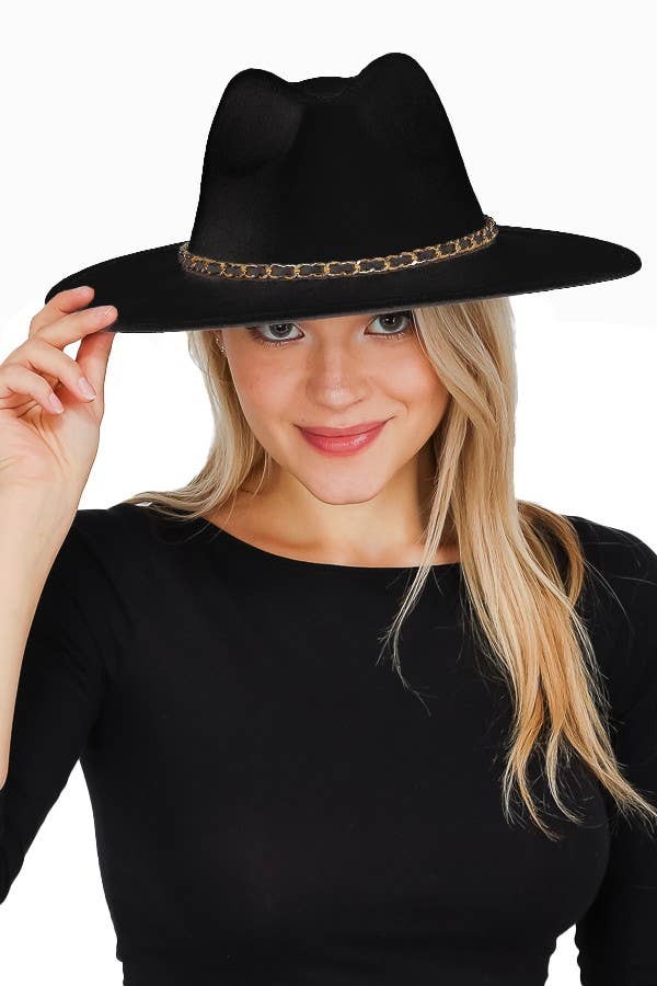 Cap Zone - Vente Chapeau en feutre – unisexe - Chapeau de rancher à large bord à chaîne dorée en faux daim0