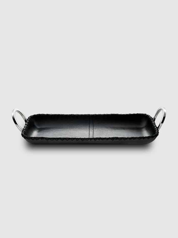 Bandeja rectangular Durango de cuero negro con asas anilladas para venta al por mayor de Mary Jurek Design Inc