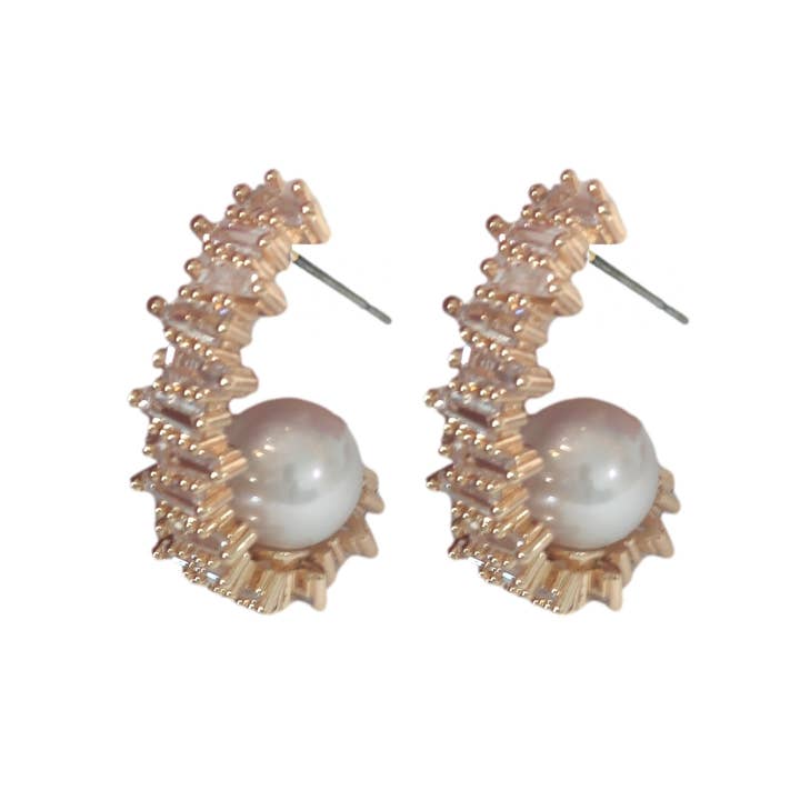 White Crystal and Pearl Hoop Holiday Statement Earrings for wholesale by St Armands Designs of Sarasota