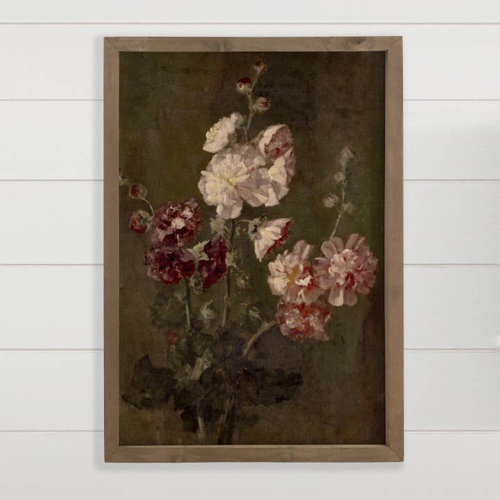 Vintage Hollyhocks - Flower Canvas Art - Wood Framed Art for wholesale by Hangout Home