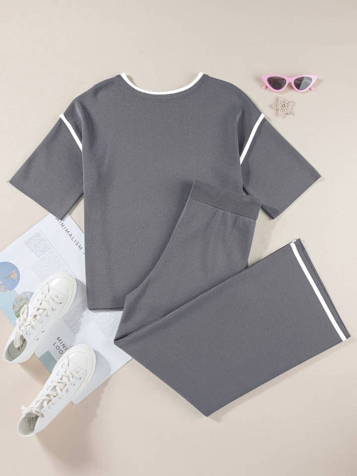 Conjunto de Malha Solto de 2 Peças com Top de Manga a Meio Braço com Acabamento em Contraste Cinzento Médio e Calças com Cordão por atacado de Sweet Lover Fashion