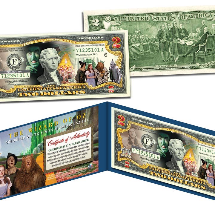Bella banconota da due dollari colorata del Mago di Oz, valuta americana autentica per la vendita all'ingrosso da parte di The Merrick Mint