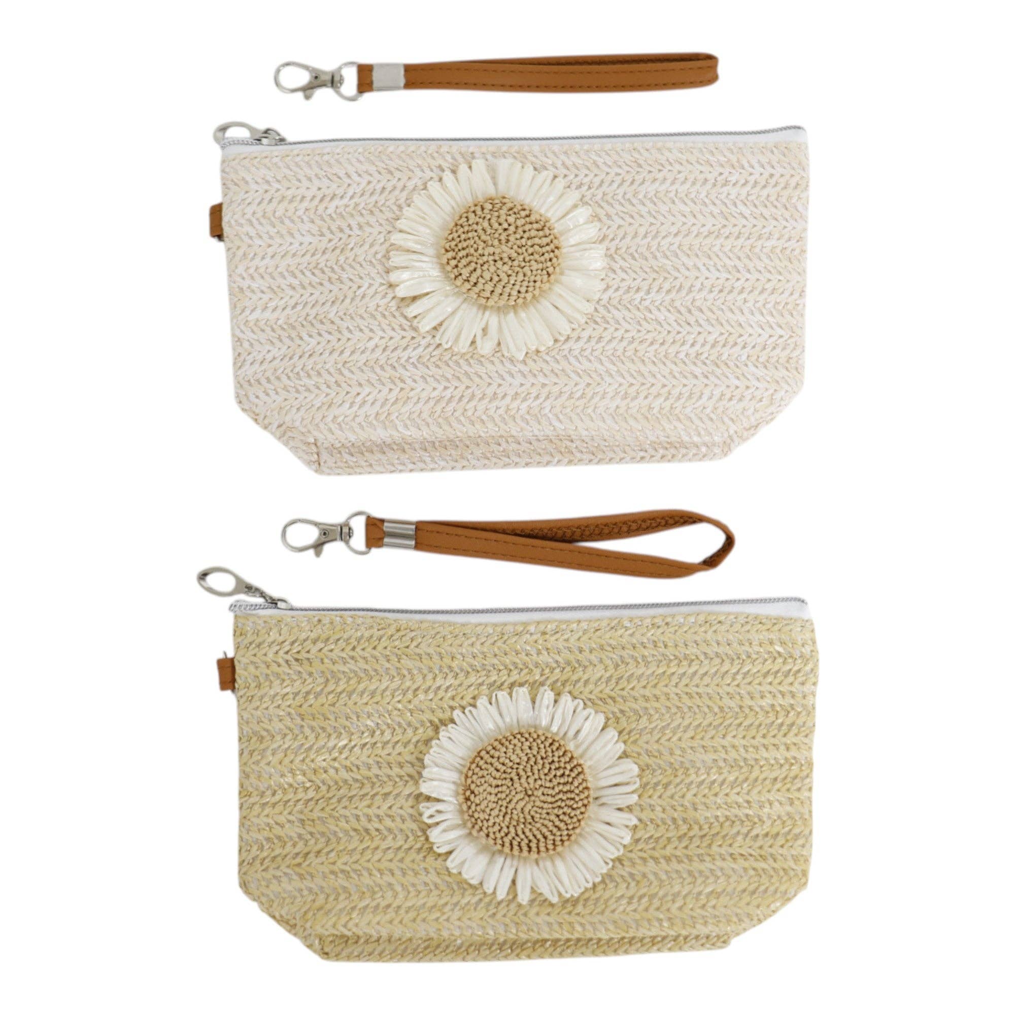 ASSORTED Daisy Flower Straw Makeup Pouch JB5526-7. (12PC) for wholesale on Faire1