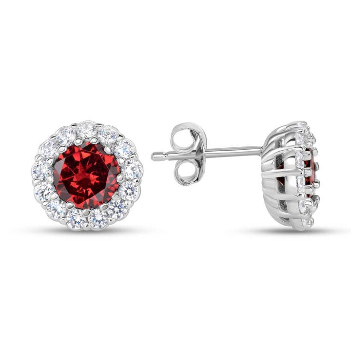 Halo Style Stud One Row Round Red Center Stone Earring for wholesale by King of Silver