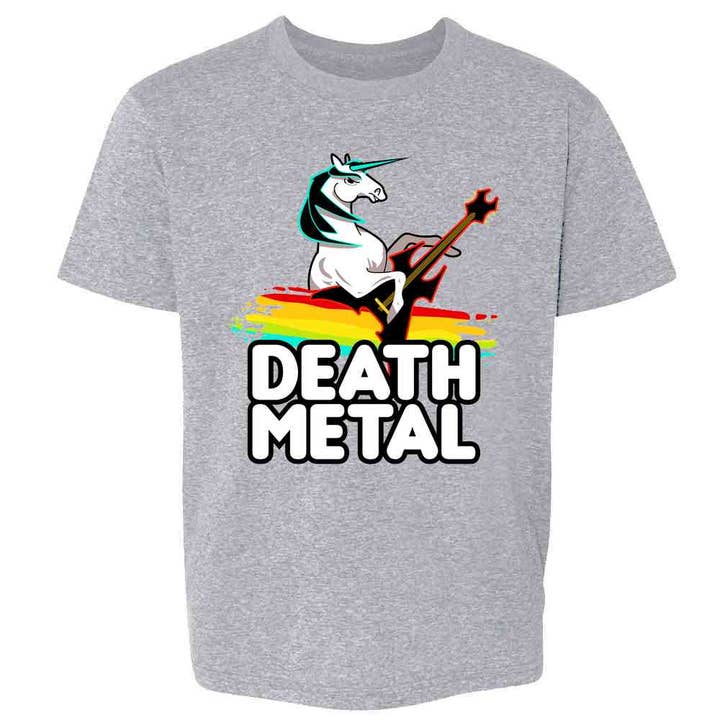 Pop Threads - Wholesale Screen-printed t-shirt – Kids - Death Metal Unicorn Retro Rainbow Funny Kids & Youth Tee