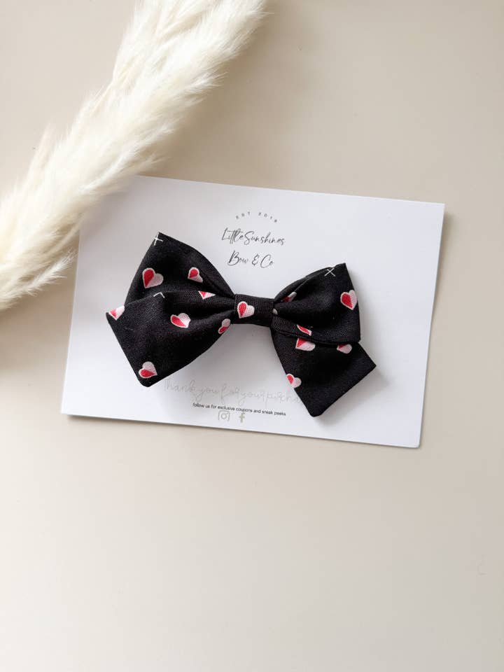 Black Pink & Red Hearts Valentines Day Pinwheel Bow for wholesale by Little Sunshines Bow & Co