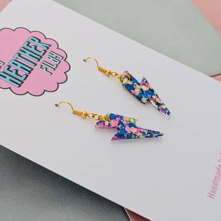 By Heather Filby – wholesale Dangle earrings – Small Blue, Pink and Yellow Glitter Lightning Bolt Earrings1